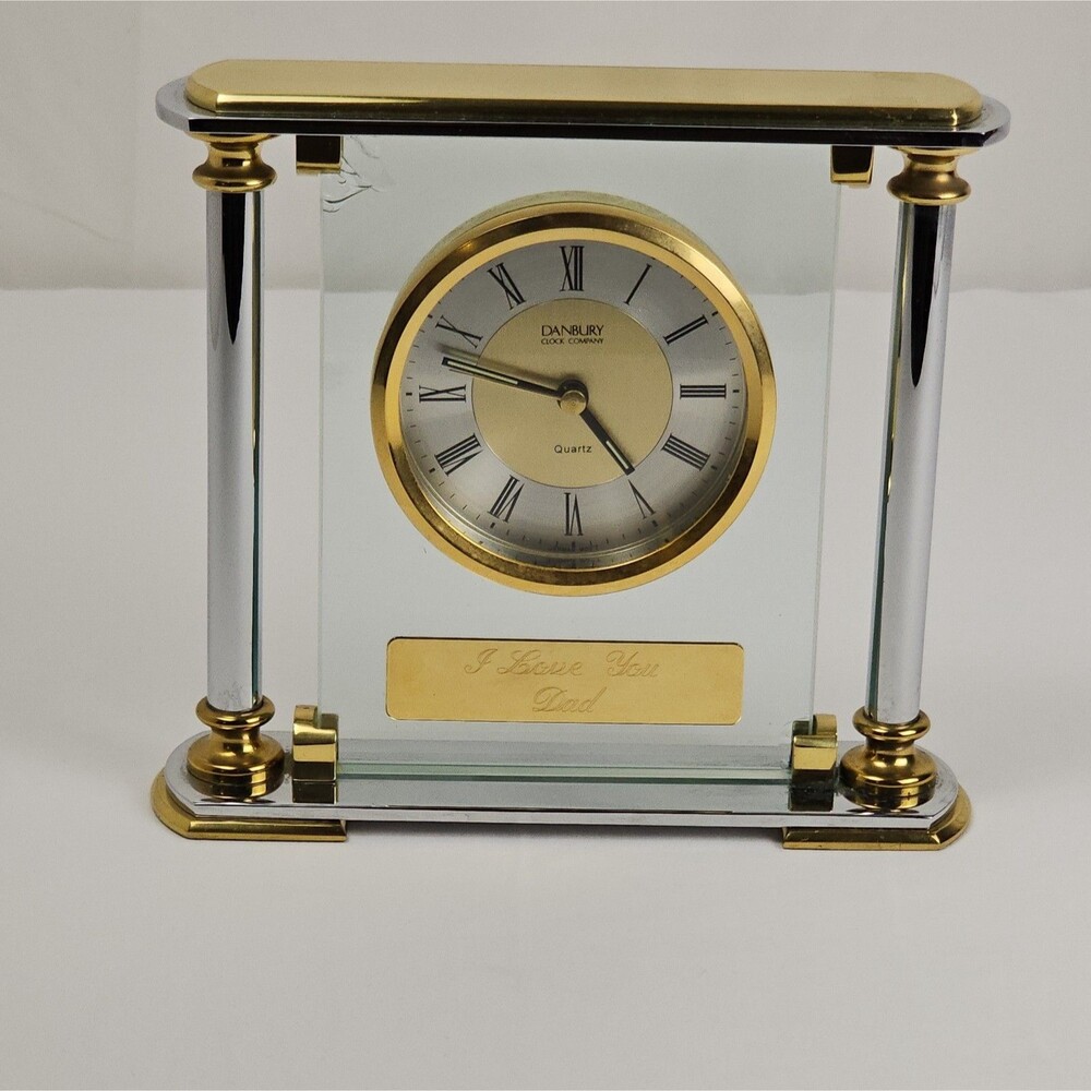 Danbury Clock Company Glass Brass Mantel Desk Clock German Movement Parts Only